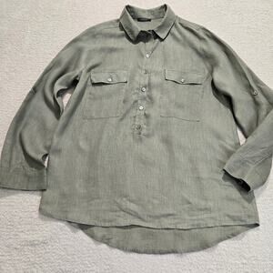 Eccentrica Linen Tunic Top Blouse Roll Tab Sleeve Sage Green Sz. 10 Italy